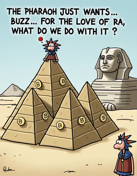 A group of clumsy pyramids, each adorned with Buzz coins, standing in a desert with a baffled ancient Egyptian figure at the top. The caption reads, âThe Pharaoh just wants Buzzâ¦ but for the love of Ra, what do we do with it?â The pyramids are balanced precariously, and the background shows the Sphinx looking unimpressed.