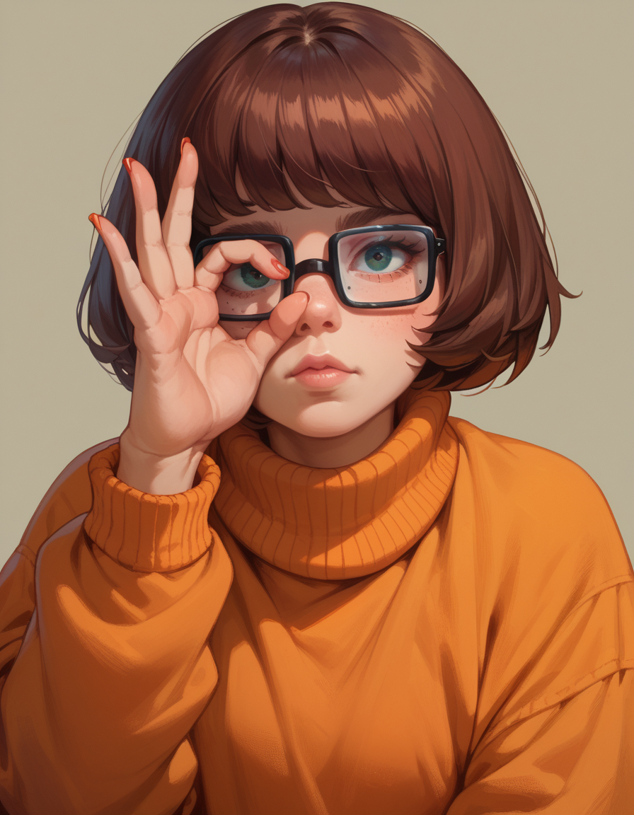 score_9, score_8_up, score_7_up, score_6_up, score_9, score_8_up, score_8, velma dace dinkley,  hud_illum1nat1, ok sign over face, <lora:hud_illum1nat1_XLP:0.8>