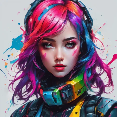 the portrait of a woman with colorful paint on her hair, in the style of cyberpunk manga, bold color palette, gothcore, charming characters, dc comics, hd, pop-culture-infused, detailed, realistic, 8k uhd, high quality