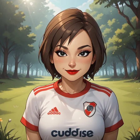 score_9, score_8, BREAK, solo, mii, wii u, wii sports club, 1girl, female mii, cute, brown hair, short ponytail, black eyes, makeup, blush, black purple eyeshadow, red lips, lipstick, RiverPlate, striped shirt, striped, shirt, white shirt, short sleeves, clothes writing, sportswear, soccer uniform, breasts, Se-Young_(\Wii_Sports_Club\), Nintendo Mii, modern_mii, classic_mii, adult female, mature female, sexy pose, self portrait, smile, outdoors, sunlight, shadows, evening lighting, natural lighting, forest, trees, grass, orange sky, sunset