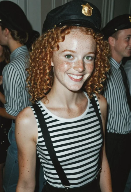 high quality, masterpiece, best quality, realistic, 
1girl, solo, 
cloe_marceau, 18yo, petite, slim, ginger, ginger hair, curly hair, youthful appearance, green eyes, adorable face, freckles, very small cute butt, ponytail,
black suspender pants, striped_shirt, black french hat, 
subject_focus, high_quality, perfect lighting, standing, masterpiece, adorable face, light_particles, clothed, laughing, at a crowded party, slightly parted lips,  exquisite detail, highres, candid photo