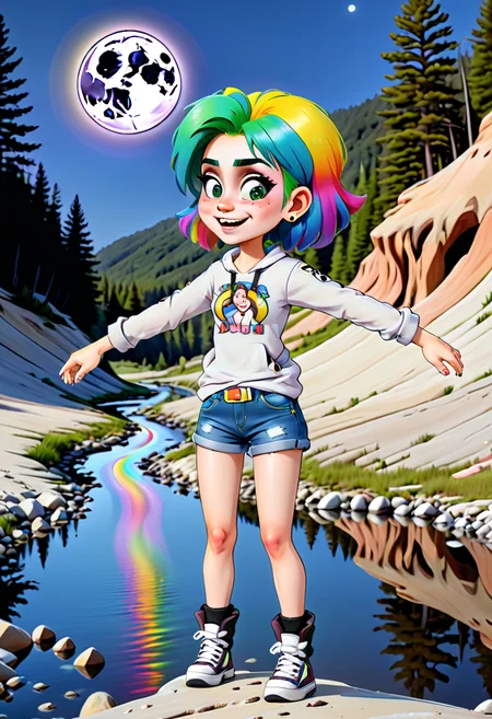 <lora:InfiniteTina:.6> a 17-year-old InfiniteTina with rainbow hair tripping on acid out at the creek with a full moon.