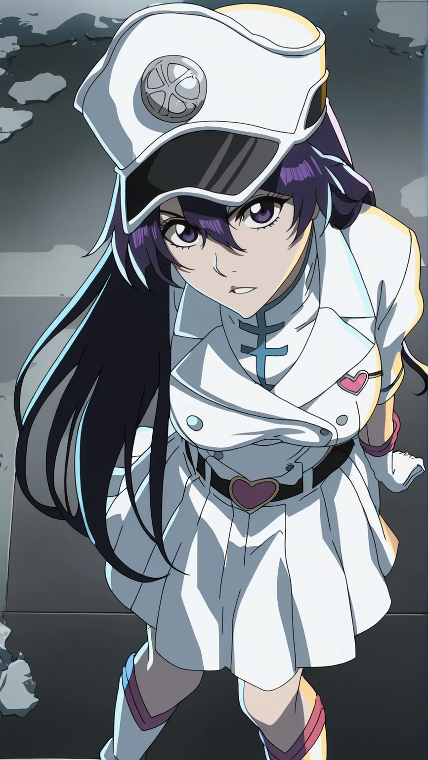 source_anime, score_9, score_8_up, score_7_up, anime screencap, high quality, 8k, absurdres, official style, <lora:Bambietta_Basterbine:1>, bambietta basterbine, purple hair, purple eyes, long hair, hair between eyes, sternritter outfit, no cape, no cloak, breasts, skirt, gloves, hat, heart, pleated skirt, belt, white gloves, uniform, military, military uniform, military hat, white headwear, white skirt, boots, knee boots, standing, leaning forward, looking at viewer, pointing forward,