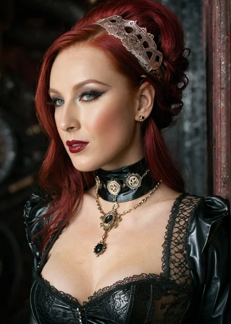 masterpiece, best quality, dark environment, (steampunk:1.5), a woman, long red hair, (dark-red latex with lace), turtleneck, long earrings, necklace, burlesque, sexy, (((portrait))), skin pores, 8K, extremely detailed, decorated clothing, dragon, bloodwave, dynamic, great lighting, perfect shading, depth of field, soft side light, very detailed glowing background, <lora:MS_DaniWoodward_V1_SDXL:0.8>, <lora:add-detail-xl:0.8>