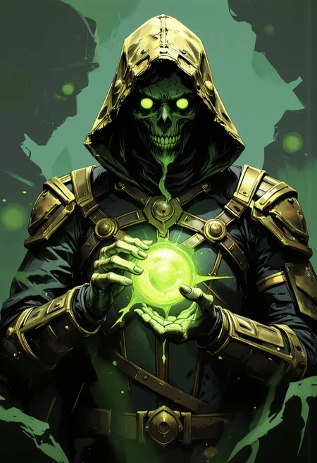 ArcaneFGTNRhigh A surreal and captivating artwork of a Ancient undead sorcerer with glowing green eyes and a skeletal face, wearing a tattered golden hood and ornate armor, radiating eerie green energy from its chest, dark and ominous atmosphere, ultra-detailed and cinematic lighting.
