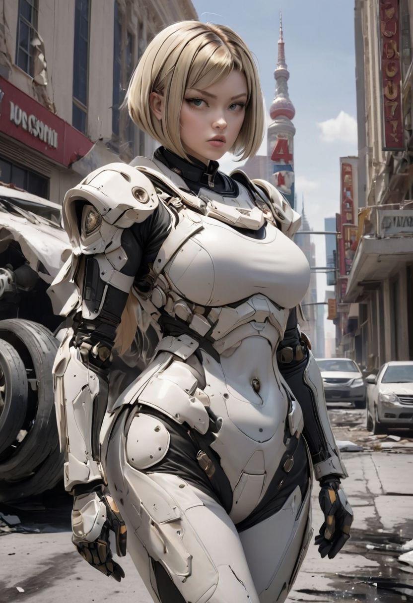 1 girl, female, cute, (short:1.1), (small:1.1),  (shortstack:1.1), chubby, (chubby:1.1), huge fake breasts, (large breasts: 1.7, ),Riley Steele , ((4 foot tall woman)), ((short blonde hair)), ((blue eyes)), ((thin lips)), ((huge tits)), (( chubby body)),  dark theme, realistic, dynamic view, standing in a Las Vegas ghost town, wearing tactical armor, no mask,, photorealistic,, hyperreal, photographic quality,   underboob, xbmyr photo style, she looks angry as she passes a line of wrecked automobiles, destruction, ruined, city, dystopian city, sliced bob