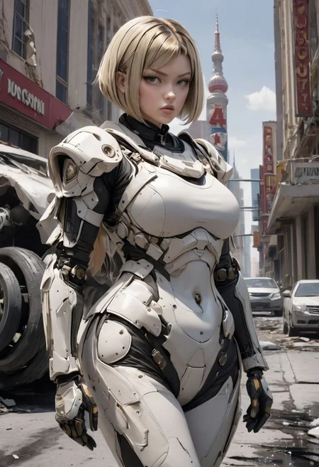 1 girl, female, cute, (short:1.1), (small:1.1),  (shortstack:1.1), chubby, (chubby:1.1), huge fake breasts, (large breasts: 1.7, ),Riley Steele , ((4 foot tall woman)), ((short blonde hair)), ((blue eyes)), ((thin lips)), ((huge tits)), (( chubby body)),  dark theme, realistic, dynamic view, standing in a Las Vegas ghost town, wearing tactical armor, no mask,, photorealistic,, hyperreal, photographic quality,   underboob, xbmyr photo style, she looks angry as she passes a line of wrecked automobiles, destruction, ruined, city, dystopian city, sliced bob
