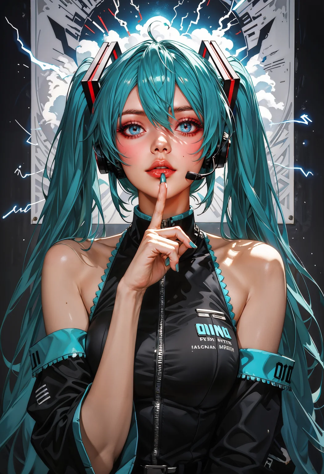score_9, score_8_up, score_7_up, score_6_up, score_5_up, score_4_up, full body, thighs, Movie Poster page, (promotional poster), Hatsune Miku, 1female, solo, humanoid android, teal hair, teal eyes, singer's uniform, headset, concert, Nippon Budokan, glowneon, glowing, sparks, lightning, shadow minimalism, (best quality), (masterpiece), detailed, beautiful detailed eyes, perfect anatomy, perfect body, perfect face, perfect hair, perfect legs, perfect hands, perfect arms, perfect fingers, detailed hair, detailed face, detailed eyes, detailed clothes, detailed skin, ultra-detailed, (full body), (upper body), (top quality), pop art, extremely detailed, extremely detailed CG, (high resolution), highly detailed, (high quality), (perfect quality), (glitchcore colors) <lora:Expressive_H-000001:0.6>, expressiveH <lora:g0th1cPXL:0.4> <lora:incase_style_v3-1_ponyxl_ilff:0.3> <lora:sinfully_stylish_SDXL:0.4>