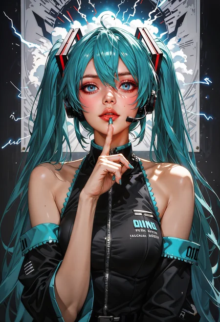 score_9, score_8_up, score_7_up, score_6_up, score_5_up, score_4_up,  full body, thighs, Movie Poster page, (promotional poster), Hatsune Miku, 1female, solo, humanoid android, teal hair, teal eyes, singer's uniform, headset, concert, Nippon Budokan, glowneon, glowing, sparks, lightning, shadow minimalism, (best quality), (masterpiece), detailed, beautiful detailed eyes, perfect anatomy, perfect body, perfect face, perfect hair, perfect legs, perfect hands, perfect arms, perfect fingers, detailed hair, detailed face, detailed eyes, detailed clothes, detailed skin, ultra-detailed, (full body), (upper body), (top quality), pop art, extremely detailed, extremely detailed CG, (high resolution), highly detailed, (high quality), (perfect quality), (glitchcore colors)   <lora:Expressive_H-000001:0.6>, expressiveH  <lora:g0th1cPXL:0.4> <lora:incase_style_v3-1_ponyxl_ilff:0.3>  <lora:sinfully_stylish_SDXL:0.4>