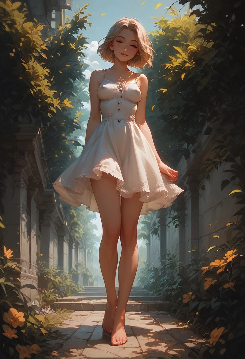 score_9, score_8_up, score_7_up, score_6_up, perfect cute face, full body1:2, heart, medium breasts, braless, undersized white sundress, standing in the park, winking, seductive, sexy pose, sexy view, young ,slim, covered nipples, g0thicPXL, Expressiveh, skindendation, toe