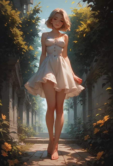 score_9, score_8_up, score_7_up, score_6_up, perfect cute face, full body1:2, heart, medium breasts, braless, undersized white sundress, standing in the park, winking, seductive, sexy pose, sexy view, young ,slim, covered nipples, g0thicPXL, Expressiveh, skindendation, toe