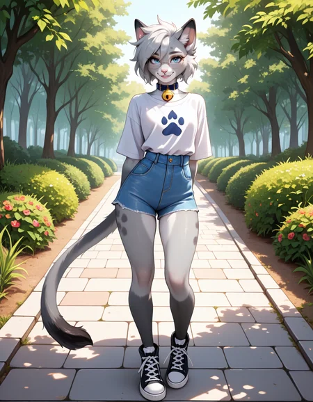 masterpiece, best quality, very aesthetic, absurdres,
outdoors, casual,
full body, posing,
seductive smile, parted lips, long eyelashes,
<lora:Nixuelle_v01_NAIXL:1>
Nixue11e,1girl,solo,furry,furry female, cat girl, cat ears, short hair, grey hair, blue eyes, round eyewear, snout, animal nose, collar, neck bell, body fur, two-tone fur, grey fur, white fur, cat tail,