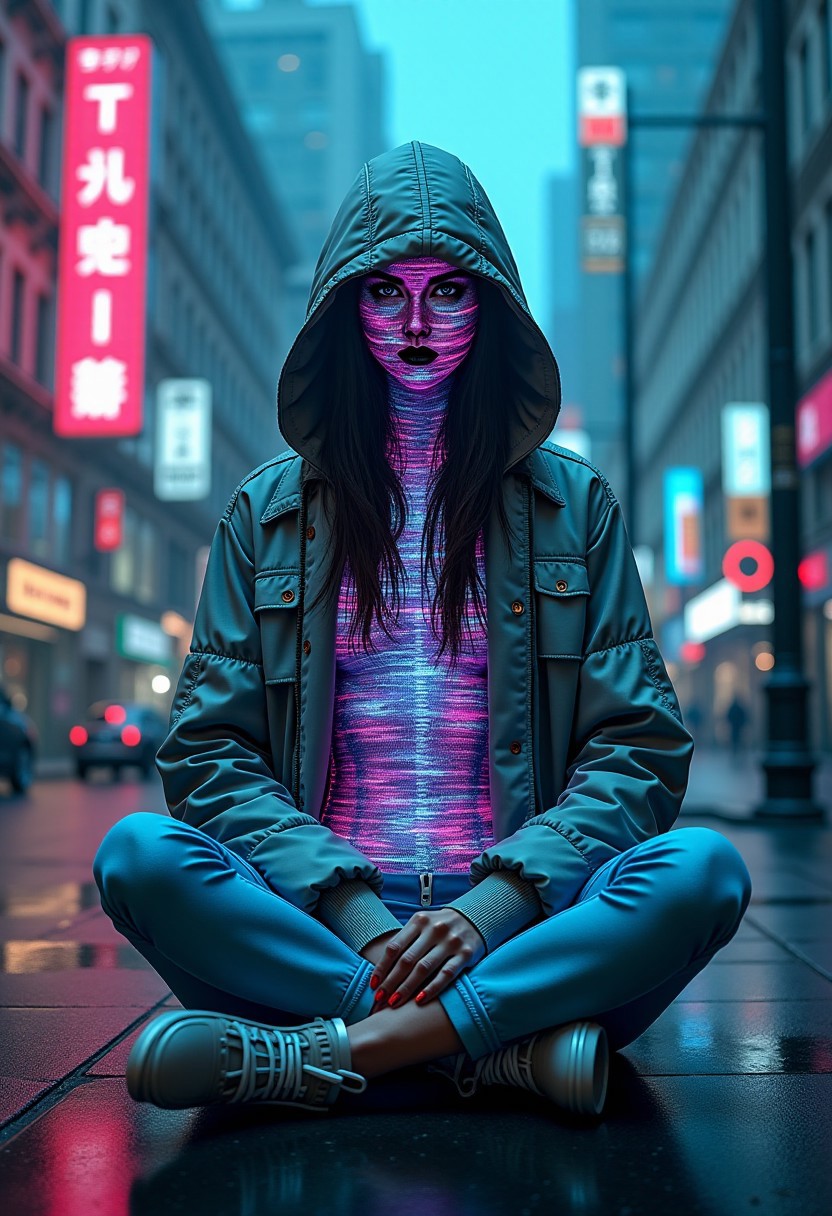 hyper realistic, Full body shot of an 1 hologram spirit, ambiguous gender, jacket, hood, hidden face, glitch, floating, solo, screens, (cyberpunk0.8), futuristic, sci-fi, masterpiece, best quality, amazing quality, very aesthetic, absurdres, newest chromatic_colors, fairytale_landscape, cute_creature, multicolored_fur, unicorn, sitting, rainbow, her form glitching and fracturing as if caught between realities. Her skin appears to shatter like glass, revealing a digital void beneath, with pixels and binary code spilling out. The glitch effect is intense, with vibrant neon colors (electric blue, magenta, and cyan) distorting her figure, creating a surreal, otherworldly atmosphere. The background is cityscape, reflecting the glitching effect. 
(schizophrenia, split personality, surrealism, digital art, cyberpunk aesthetic, psychological horror, ultra-realistic details, dramatic lighting, high contrast, vivid colors, intricate textures), showcasing intricate details throughout, Cinematic, beautiful, vibrant, masterpiece, 32k, ultra HD, ultra-detailed, amazing quality, amazing artist, sharp edges, detailed textures, full view, atmospheric lighting, amazing visuals