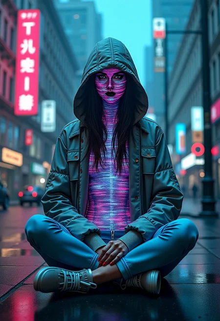 hyper realistic, Full body shot of an 1 hologram spirit, ambiguous gender, jacket, hood, hidden face, glitch, floating, solo, screens, (cyberpunk0.8), futuristic, sci-fi, masterpiece, best quality, amazing quality, very aesthetic, absurdres, newest chromatic_colors, fairytale_landscape, cute_creature, multicolored_fur, unicorn, sitting, rainbow, her form glitching and fracturing as if caught between realities. Her skin appears to shatter like glass, revealing a digital void beneath, with pixels and binary code spilling out. The glitch effect is intense, with vibrant neon colors (electric blue, magenta, and cyan) distorting her figure, creating a surreal, otherworldly atmosphere. The background is cityscape, reflecting the glitching effect.
(schizophrenia, split personality, surrealism, digital art, cyberpunk aesthetic, psychological horror, ultra-realistic details, dramatic lighting, high contrast, vivid colors, intricate textures), showcasing intricate details throughout, Cinematic, beautiful, vibrant, masterpiece, 32k, ultra HD, ultra-detailed, amazing quality, amazing artist, sharp edges, detailed textures, full view, atmospheric lighting, amazing visuals