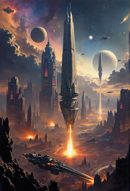 <lora:Rolf_Armstrong_Style-000001.safetensors:1>
In the shimmering vastness of space, a colossal cosmic battle unfolds. The foggy, dystopian cityscape is now a backdrop of swirling nebulae and star-strewn voids. Towering spaceships, each a marvel of futuristic engineering, loom in the distance, their sleek hulls reflecting the vibrant hues of distant galaxies. These colossal vessels, ranging from 200 to 500 meters in length, are the frontlines of a monumental conflict that spans multiple planets and star systems.
Amid the chaos, a sprawling battlefield stretches across the celestial landscape. The air is thick with the fiery explosions of starships, each burst of light casting long shadows across the hulls of nearby vessels. The strategic maneuvers of the fleets are a ballet of precision and power, with ships weaving through asteroid fields and planetoids, their engines glowing hot with energy.
The atmosphere is electric, a symphony of light and shadow that highlights the towering skyscrapers of alien cities. These skyscrapers, reaching into the heavens, are illuminated by vibrant billboards that pulse with a kaleidoscope of colors. The hovering orbs, now massive energy constructs, emit a soft, otherworldly glow, adding to the surreal and mysterious ambiance of the scene.
The strategic importance of this cosmic battlefield is palpable. Each ship, each planet, and every strategic maneuver is a critical piece in a grand, sweeping narrative of intergalactic war. The high stakes are evident in the fierce determination of the crews, their faces illuminated by the flicker of battle stations and the glow of holographic displays. This is a moment of epic proportions, where the fate of entire civilizations hangs in the balance, and the vastness of space serves as the ultimate stage for this monumental conflict.