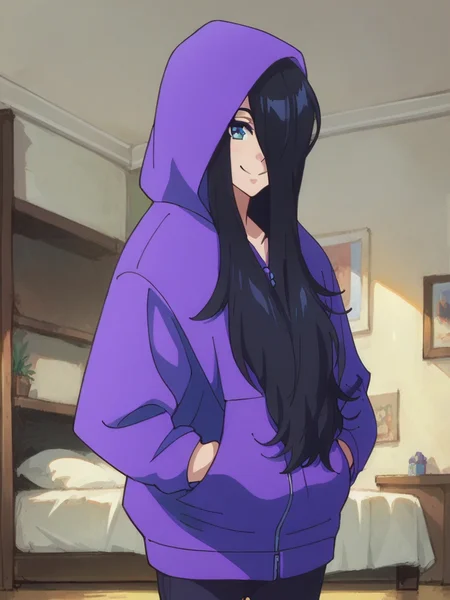 score_9, score_8_up, score_7_up,
1girl, zenshu, black hair, long hair, hair over one eye, smile, purple hoodie, hands in pockets, indoors, bedroom, looking at viewer, hood up, hood,