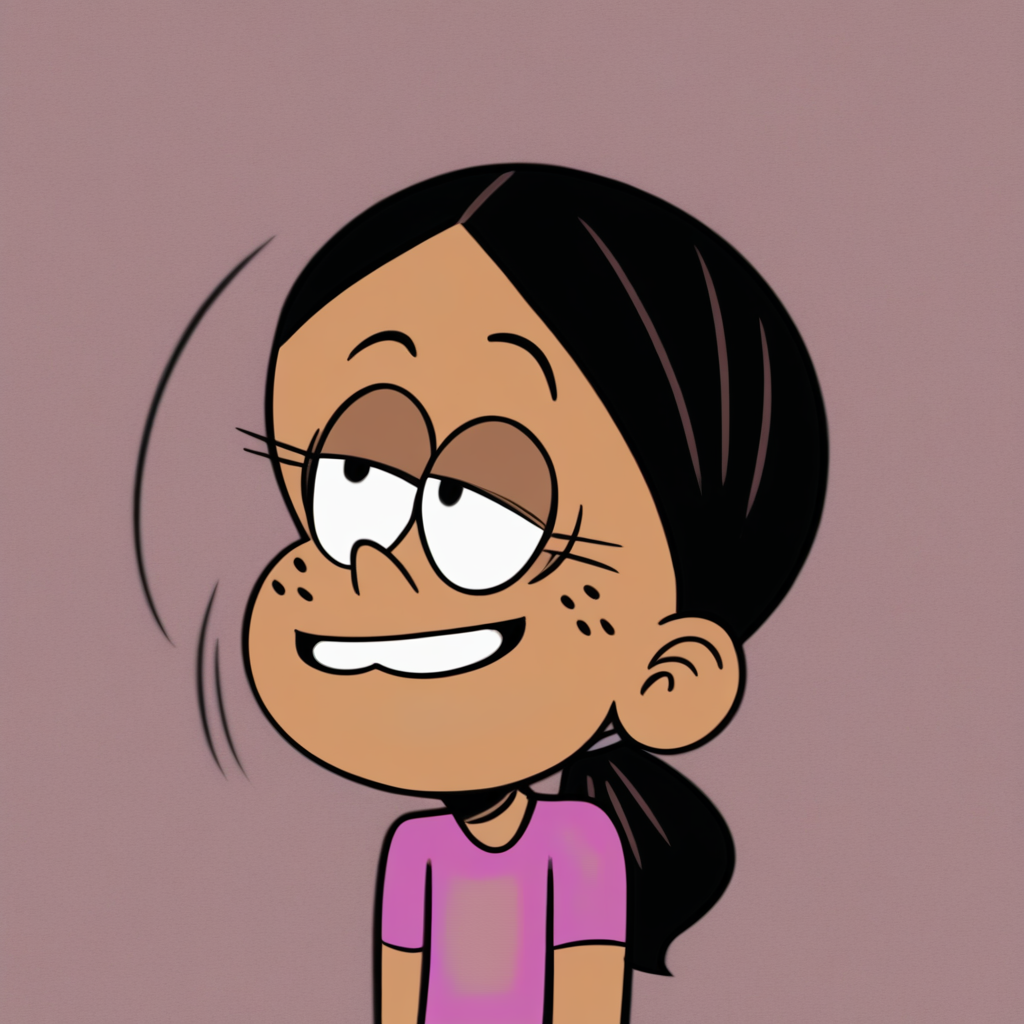 dark tan skin, black hair worn in a low ponytail, freckles on her cheeks, two buck teeth
