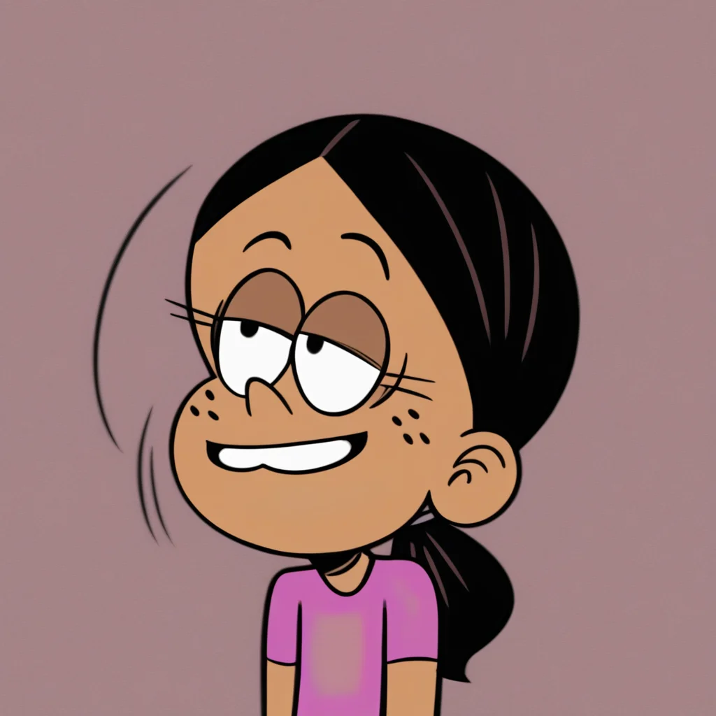 dark tan skin, black hair worn in a low ponytail, freckles on her cheeks, two buck teeth