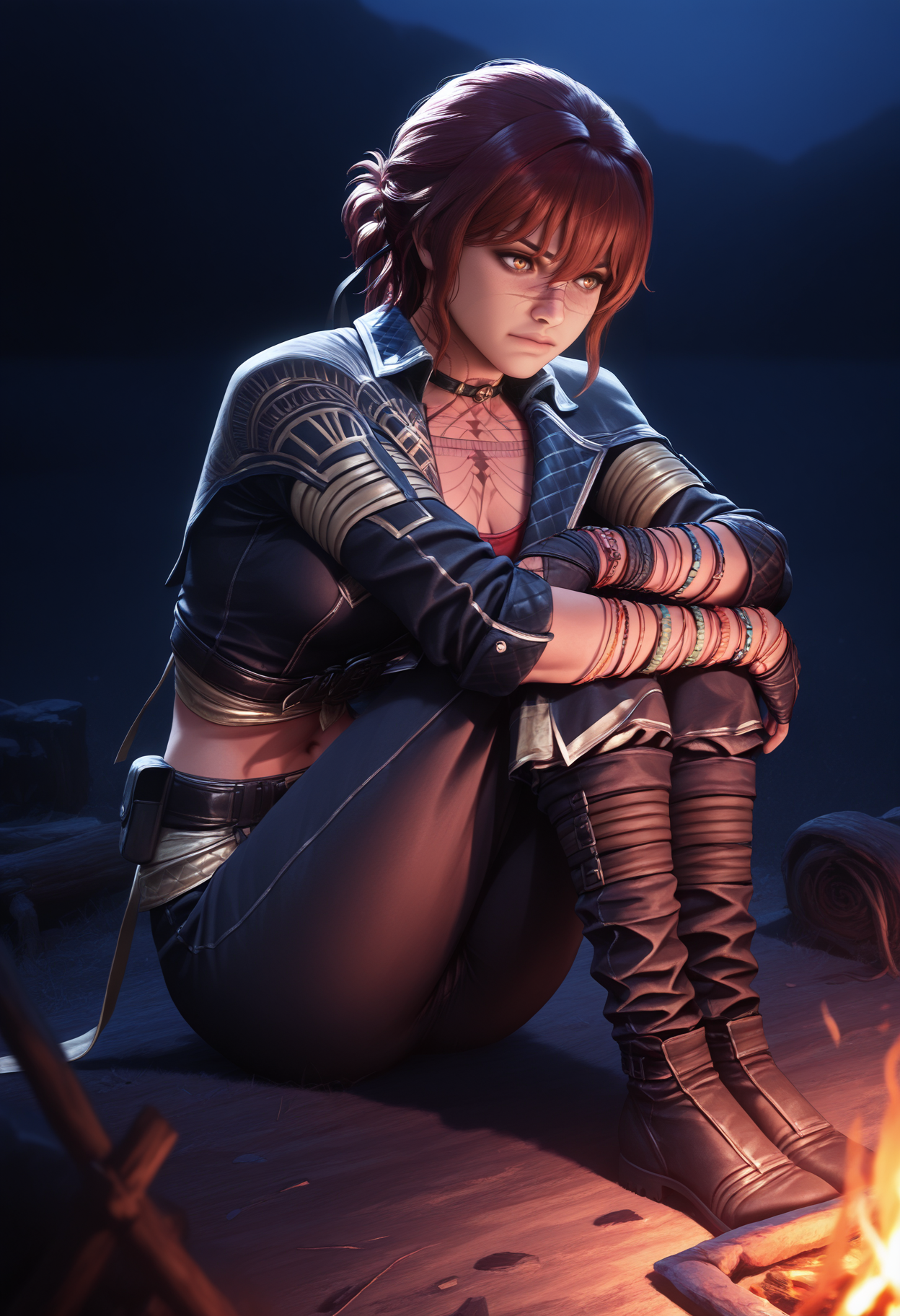 masterpiece, best quality, amazing quality, 1girl, <lora:sciel_illustrious_byJaneB:1>, sciel,
chest tattoo, choker, jacket, navel, bracelet, fingerless glove, belt, pants, , hugging own legs, campfire,