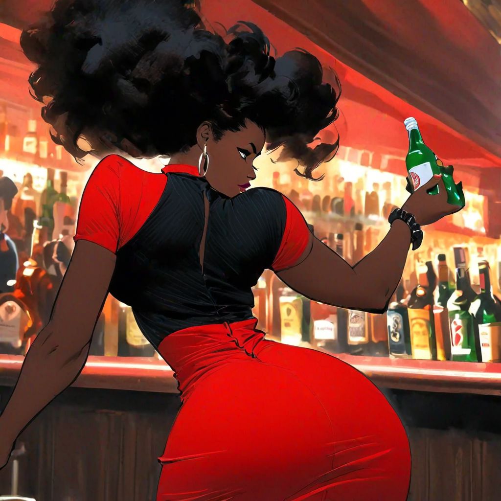 action shot, black woman in bar, holding bottle, red dress displaying shapely big ass