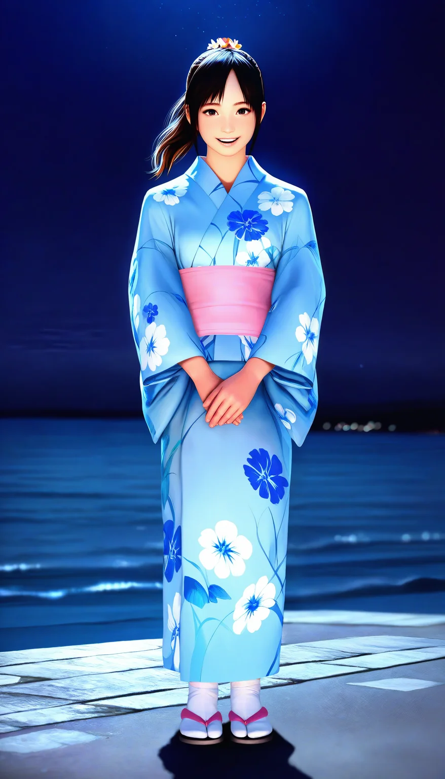 masterpiece,best quality,amazing quality,
<lora:miiyamotohikariNAI:1>,miiyamotohikari,realistic,
1girl,solo,black hair,ponytail,bangs,hair flower,brown eyes,blue yukata,pink sash,white tabi,standing,full body,parted lips,flowing hair,smile,looking at viewer,night,sea,soft lighting,bloom,light particles,