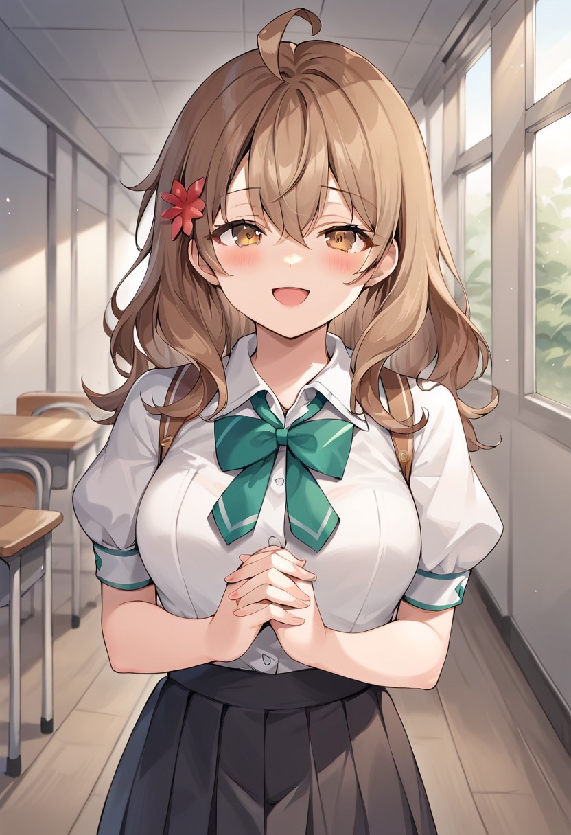 score_9, score_8_up, score_7_up, source_anime,maria, 1girl, solo, long hair, looking at viewer, blush, smile, open mouth, skirt, brown hair, shirt, hair ornament, bow, hair between eyes, brown eyes, school uniform, white shirt, flower, ahoge, short sleeves, :d, puffy sleeves, collared shirt, indoors, hair flower, bowtie, black skirt, puffy short sleeves, own hands together, green bow, green bowtie, depth of field