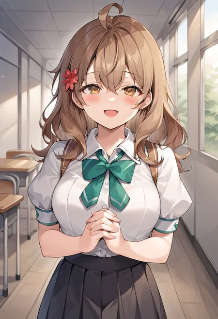 score_9, score_8_up, score_7_up, source_anime,maria, 1girl, solo, long hair, looking at viewer, blush, smile, open mouth, skirt, brown hair, shirt, hair ornament, bow, hair between eyes, brown eyes, school uniform, white shirt, flower, ahoge, short sleeves, :d, puffy sleeves, collared shirt, indoors, hair flower, bowtie, black skirt, puffy short sleeves, own hands together, green bow, green bowtie, depth of field