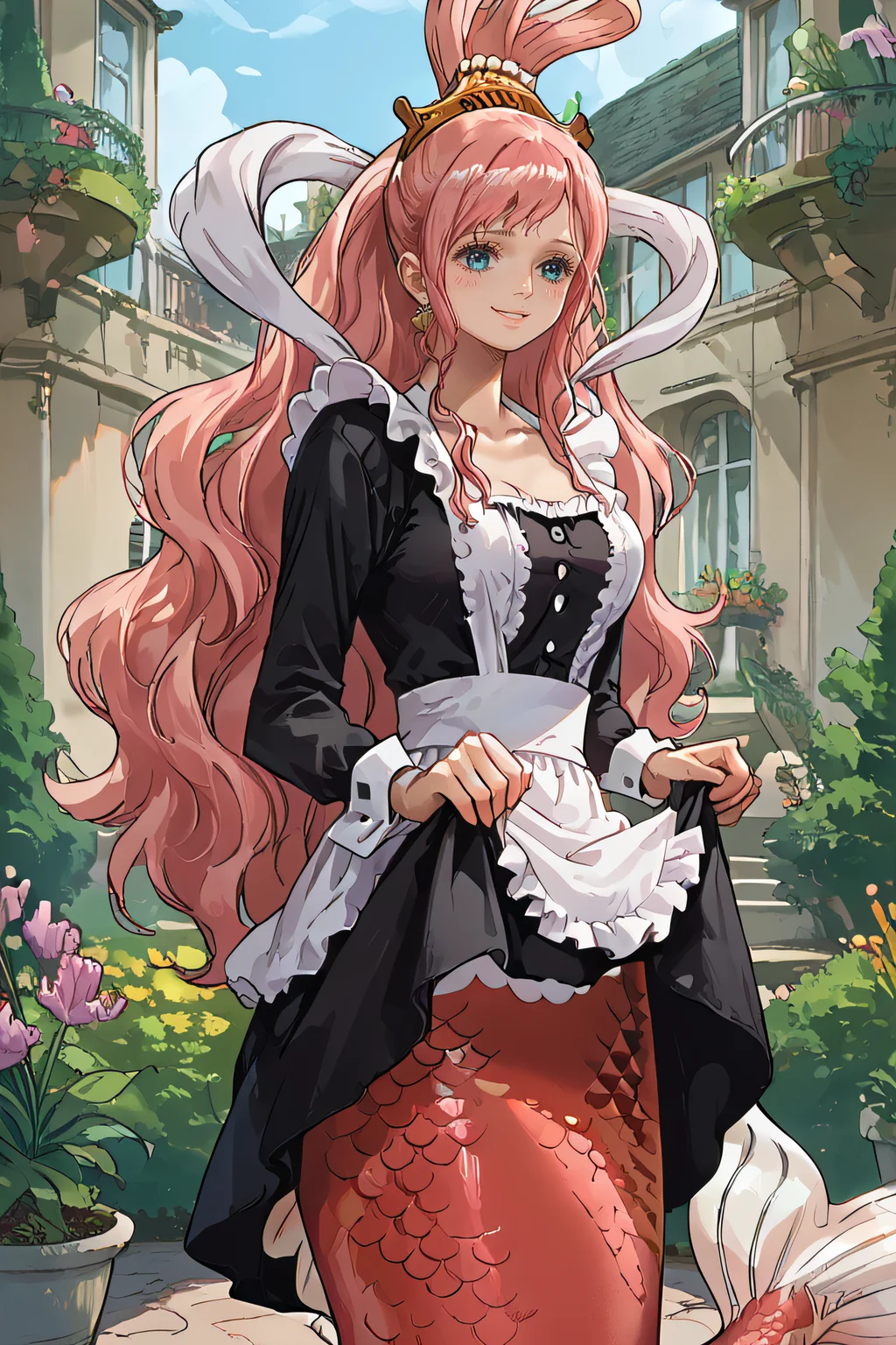 score_9, score_8_up, source_anime,
shirahoshi, very long hair, pink hair, hair rings, hair ornament, mermaid,
maid, maid headdress, apron, black dress, skirt hold, smile, garden, standing,
<lora:Smooth Style 2 SDXL_LoRA_Pony Diffusion V6 XL:0.8>  <lora:shirahoshi:0.85>