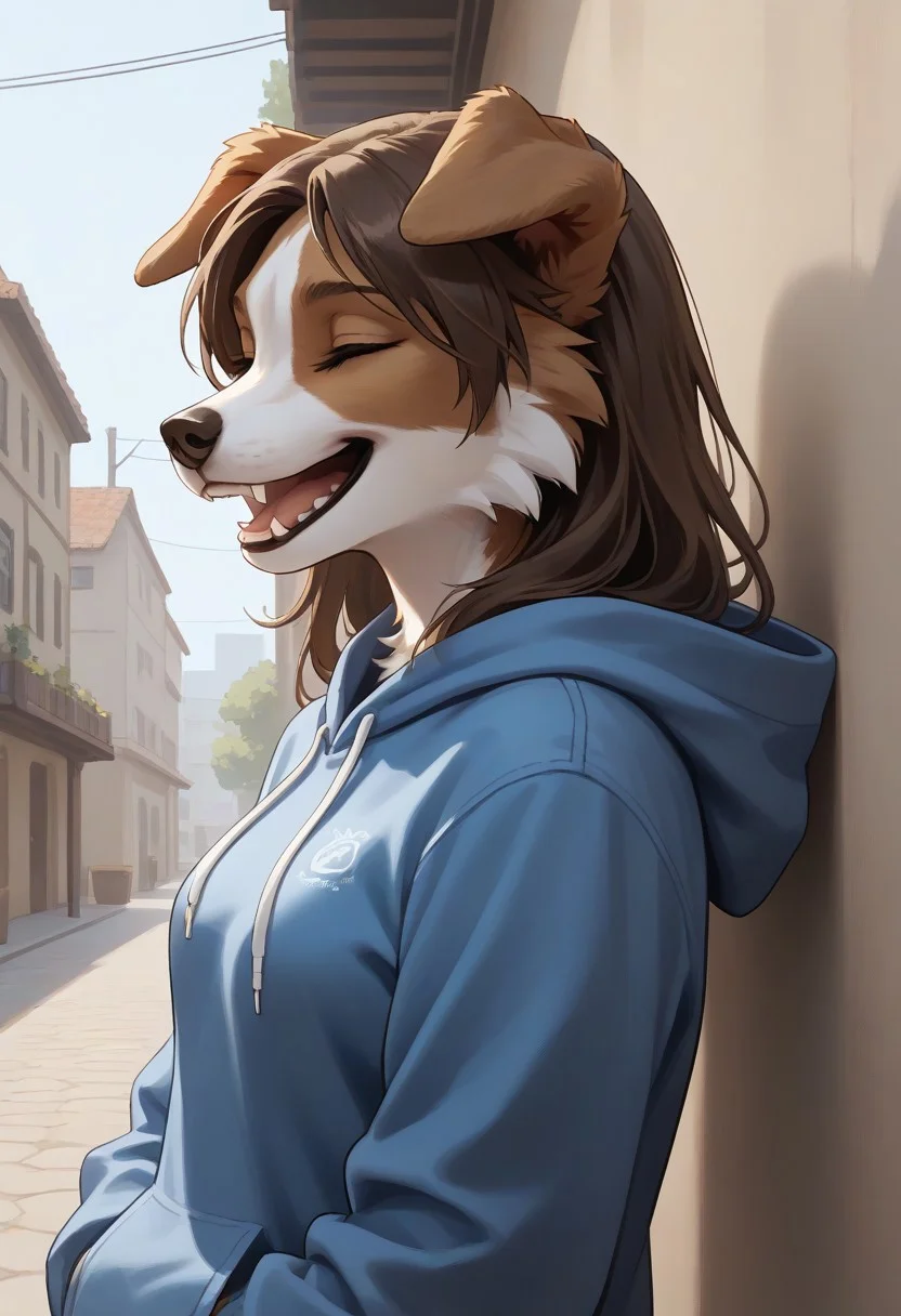 score_9, score_8_up, score_7_up, easynegative, anime style, 1girl, anthro border collie girl, long (dark brown hair), light brown fur, floppy ears, medium breasts, white belly fur, jeans, blue hoodie, in a town, happy, laughing, clenched teeth, eyes closed, from side, solo, close up,