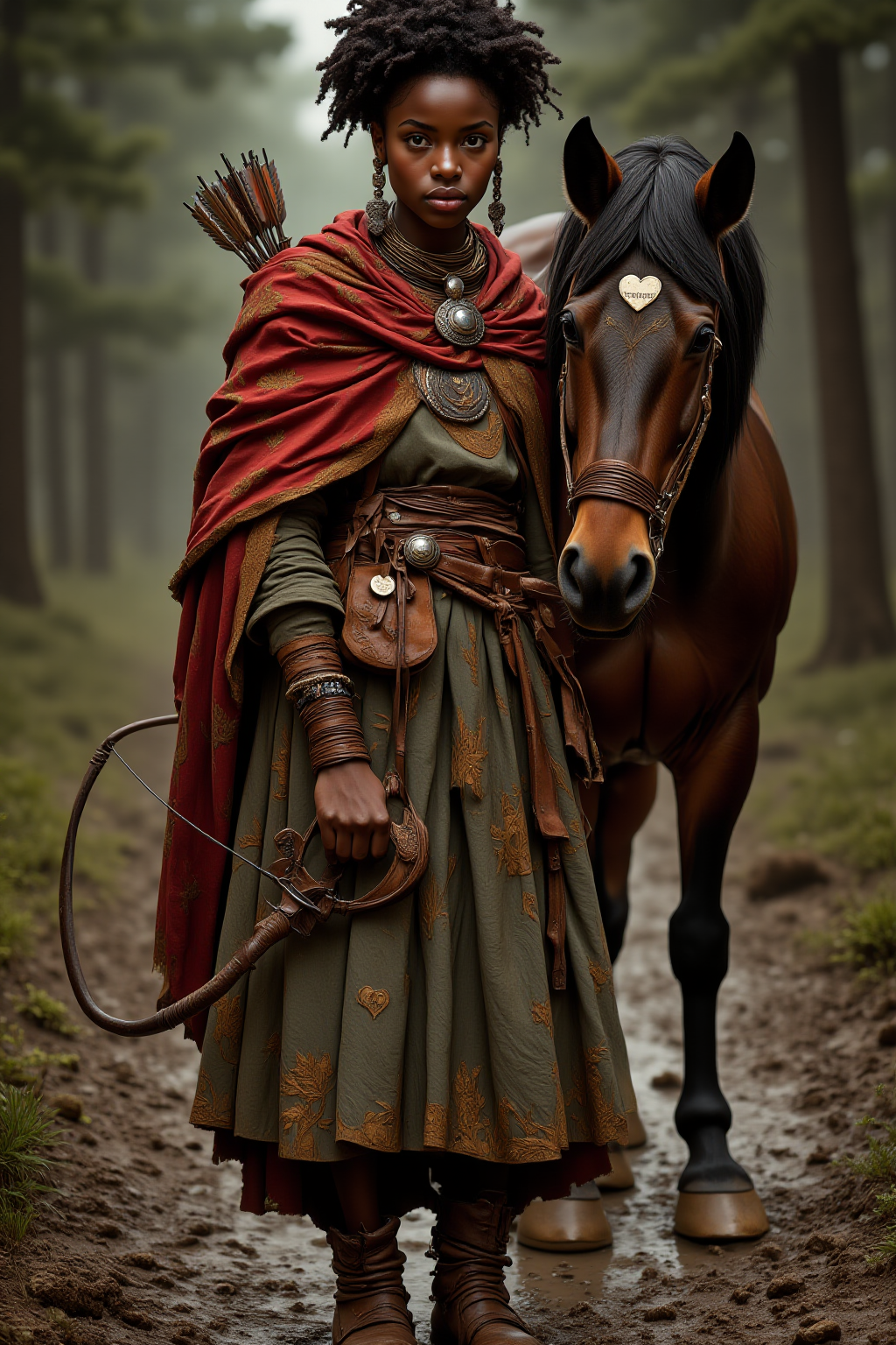 A photo-realistic shoot from a front camera angle about a young woman dressed in traditional clothing stands confidently beside a horse in a forest setting, holding a bow and arrow. on the middle of the image, a 20-year-old dark-skinned woman with an afro hairstyle appears to be standing, looking directly at the viewer with a serious expression. she is wearing a long, flowing dress with intricate gold embroidery and a red shawl draped over her shoulders. her hair is styled in an intricate updo, and she is adorned with jewelry including earrings, a necklace, and a sword. on her right side, a brown horse with a black mane and a white heart-shaped mark is standing beside her. the background is blurred, with trees and greenery, and the lighting is soft and natural, creating a serene atmosphere.

A full body portrait, standing pose, photorealistic, African, fantasy, woman, archer, D&D character, full body portrait, photorealistic, draped cloak, bow, Greg Rutkowski visual style, belt, pouches, cinematic portrait, bun hair, dark skin, detailed, curly hair, horse, wilderness, forest, muddy road, worn boots, styled ornaments, tribal clothing, detailed clothing textures, depth of view, natural sunlight, elegant tribal jewelry, earrings, beaded necklaces, broche or pendant, D&D, fantasy superhero, rogue