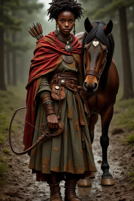 A photo-realistic shoot from a front camera angle about a young woman dressed in traditional clothing stands confidently beside a horse in a forest setting, holding a bow and arrow. on the middle of the image, a 20-year-old dark-skinned woman with an afro hairstyle appears to be standing, looking directly at the viewer with a serious expression. she is wearing a long, flowing dress with intricate gold embroidery and a red shawl draped over her shoulders. her hair is styled in an intricate updo, and she is adorned with jewelry including earrings, a necklace, and a sword. on her right side, a brown horse with a black mane and a white heart-shaped mark is standing beside her. the background is blurred, with trees and greenery, and the lighting is soft and natural, creating a serene atmosphere.

A full body portrait, standing pose, photorealistic, African, fantasy, woman, archer, D&D character, full body portrait, photorealistic, draped cloak, bow, Greg Rutkowski visual style, belt, pouches, cinematic portrait, bun hair, dark skin, detailed, curly hair, horse, wilderness, forest, muddy road, worn boots, styled ornaments, tribal clothing, detailed clothing textures, depth of view, natural sunlight, elegant tribal jewelry, earrings, beaded necklaces, broche or pendant, D&D, fantasy superhero, rogue