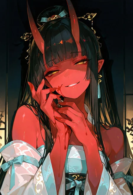 masterpiece, best quality, good quality, newest, highres, absurdres, volumetric lighting,gradient color,
BREAK
raytracing, volumetric lighting, ambient occlusion, Background, girl,
BREAK
Aka-Oni, oni, colored skin, (red skin:1.3), straight horns, solo, long hair, hanfu, elegant hanfu,
blunt bangs, blush, long hair, eyelashes, half-closed eyes, bare shoulders, hand grab, hands up, head tilt, ribbon, smile, detached sleeves, very awa, masterpiece, highres, absurdres, yandere, gesugao, blood on face, smeared blood, blood on hands, blood on fingers,