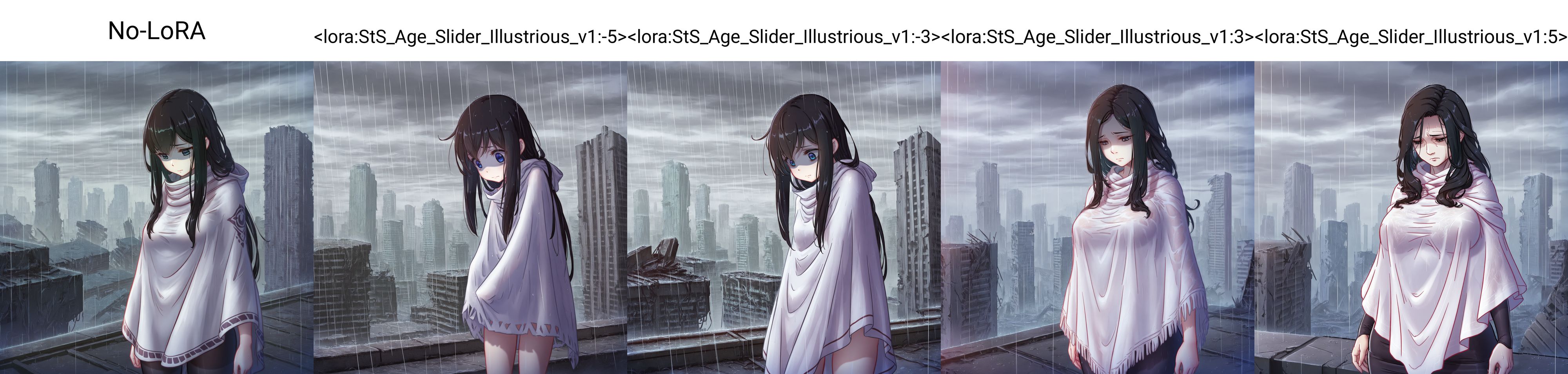 mitsuartstyle, No-LoRA, (three quarter view), 1girl, white poncho, female focus, looking down, black hair, long hair, sad, worried, nervous, cowboy shot, standing, [shaded face], dilapidated cityscape, post-apocalypse, rooftop, (skyscraper), ruins, overcast, rain, cloudy sky, scenery, <lora:MitsuArtXL:0.6>