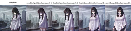 mitsuartstyle, No-LoRA, (three quarter view), 1girl, white poncho, female focus, looking down, black hair, long hair, sad, worried, nervous, cowboy shot, standing, [shaded face], dilapidated cityscape, post-apocalypse, rooftop, (skyscraper), ruins, overcast, rain, cloudy sky, scenery, <lora:MitsuArtXL:0.6>