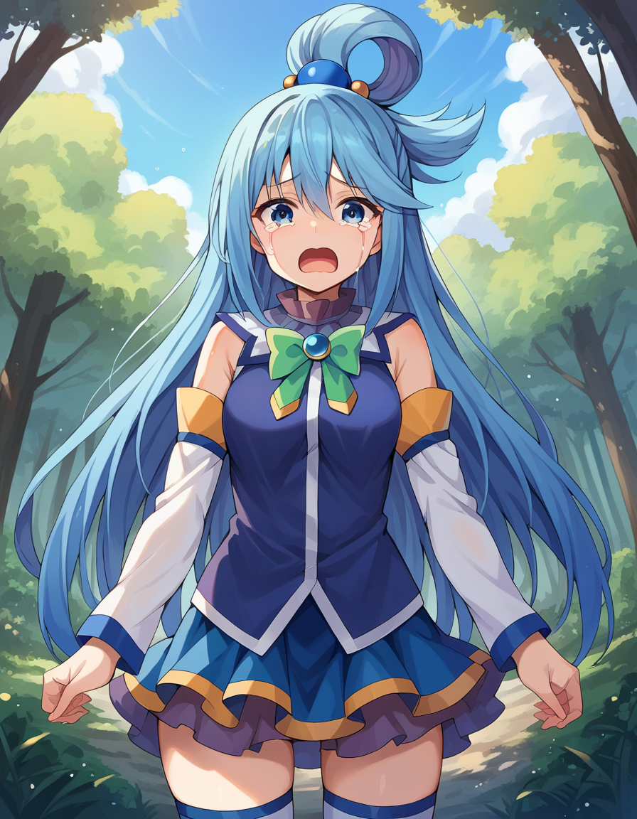 score_9, score_8_up, score_7_up, source_anime,
konosubaaqua, <lora:konosuba-aqua-ponyxl-lora-nochekaiser:1>,
aqua, long hair, blue eyes, hair ornament, very long hair, blue hair, hair rings, single hair ring, hair bobbles,
skirt, shirt, thighhighs, bare shoulders, detached sleeves, white thighhighs, blue skirt, blue shirt, green bow,
outdoors, forest, monsters, goblins, crying, open mouth,
looking at viewer, cowboy shot, dutch angle,