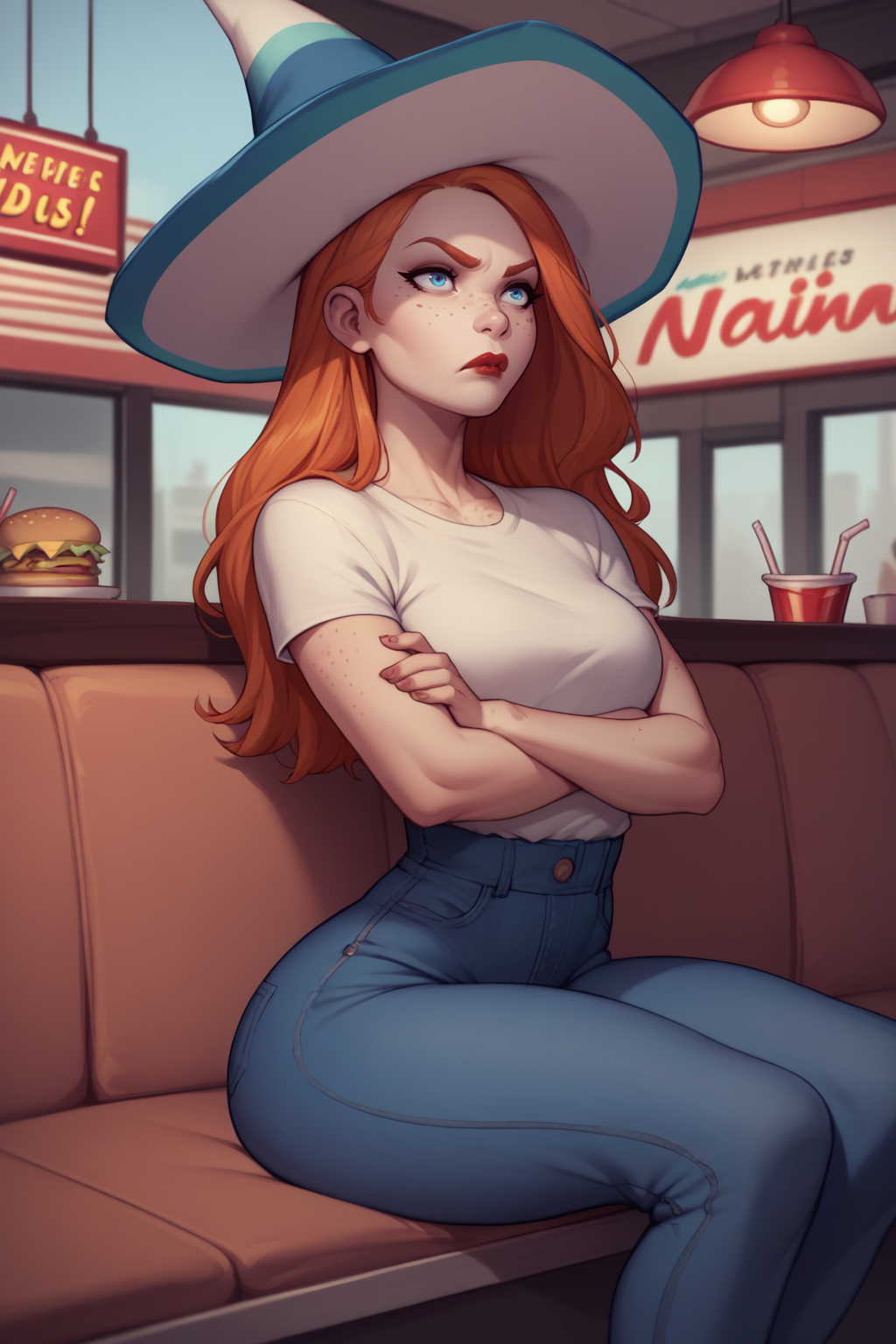 score_9, score_8_up, score_7_up, BREAK score_9, score_8_up, 1girl, solo, <lora:NSMeiPortia:1> NSMeiPortia, long hair, blue eyes, freckles, lipstick, orange hair, pouting, white t-shirt, high-waist jeans, crossed arms, diner, sitting, witch hat