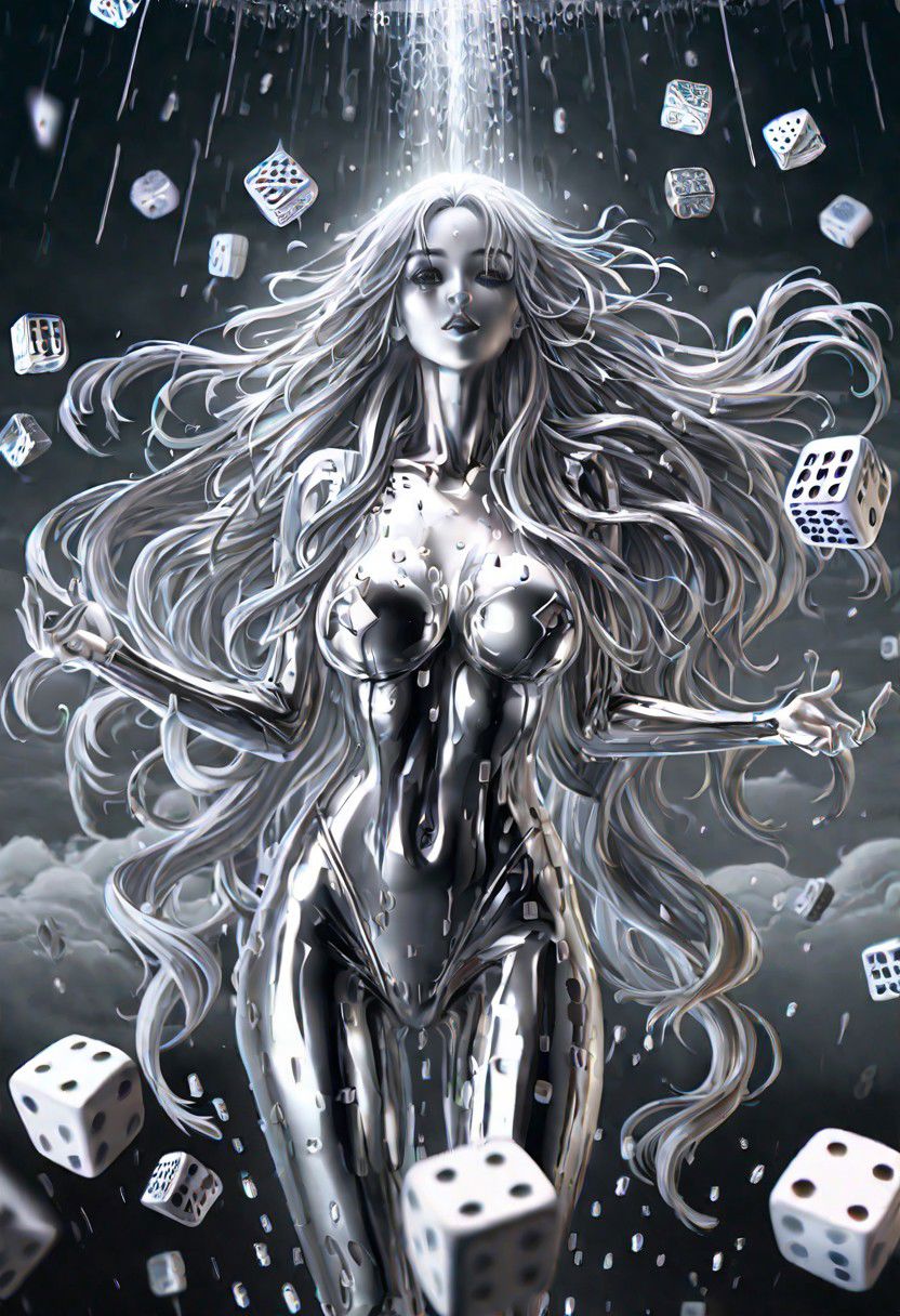 (masterpiece,best quality,ultra-detailed,best illustration:1.3), 1woman,  its raining dice, 1000s of white dice falling from from the clouds, full length metal body, silver liquid metal long hair, casino background,
silver LIQUID METAL