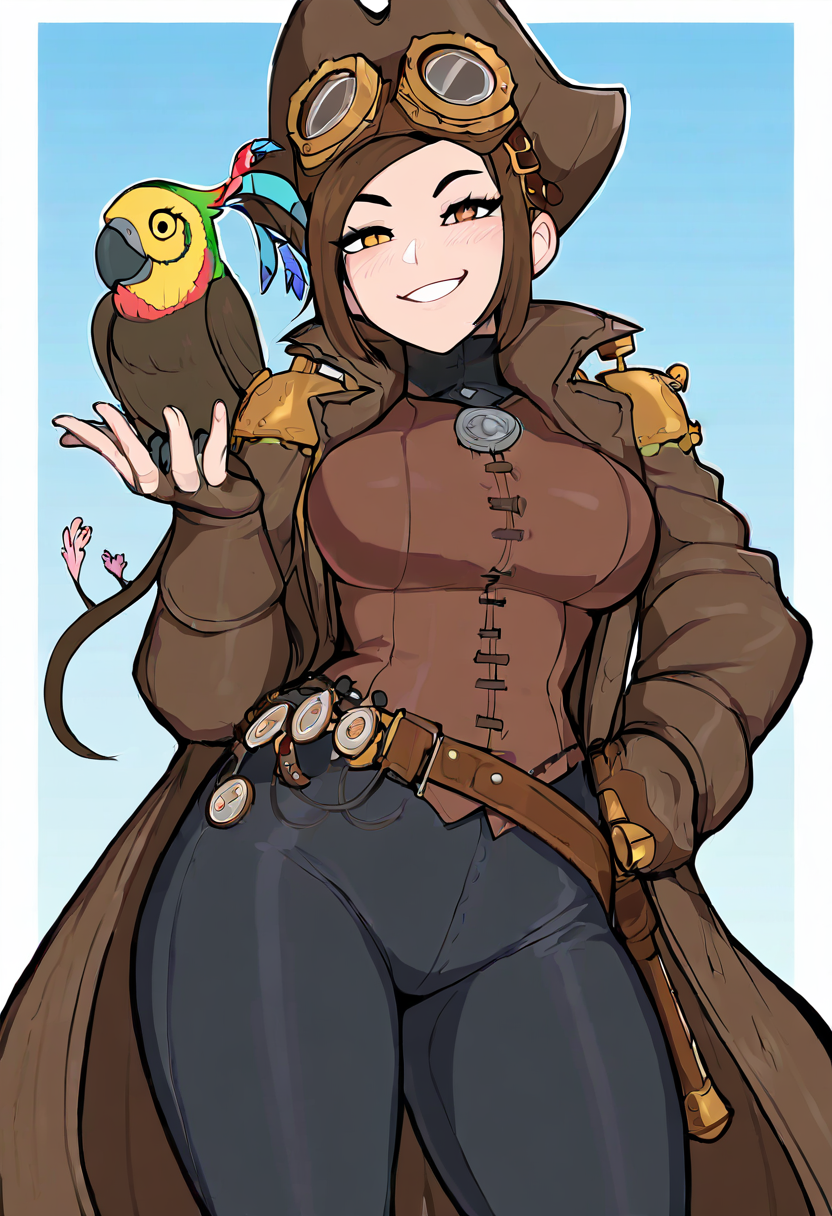 masterpiece, best quality, medium breasts, (curvy),  ,,, steampunk pirate captain, brass goggles, weathered leather coat, mechanical parrot, airship in the background, intricate steampunk accessories, rugged and confident poseBREAK, 1girl, solo,  smile, looking at viewer, cowboy shot,  hip to the side,    <lora:AfrobullNAI:0.8>,