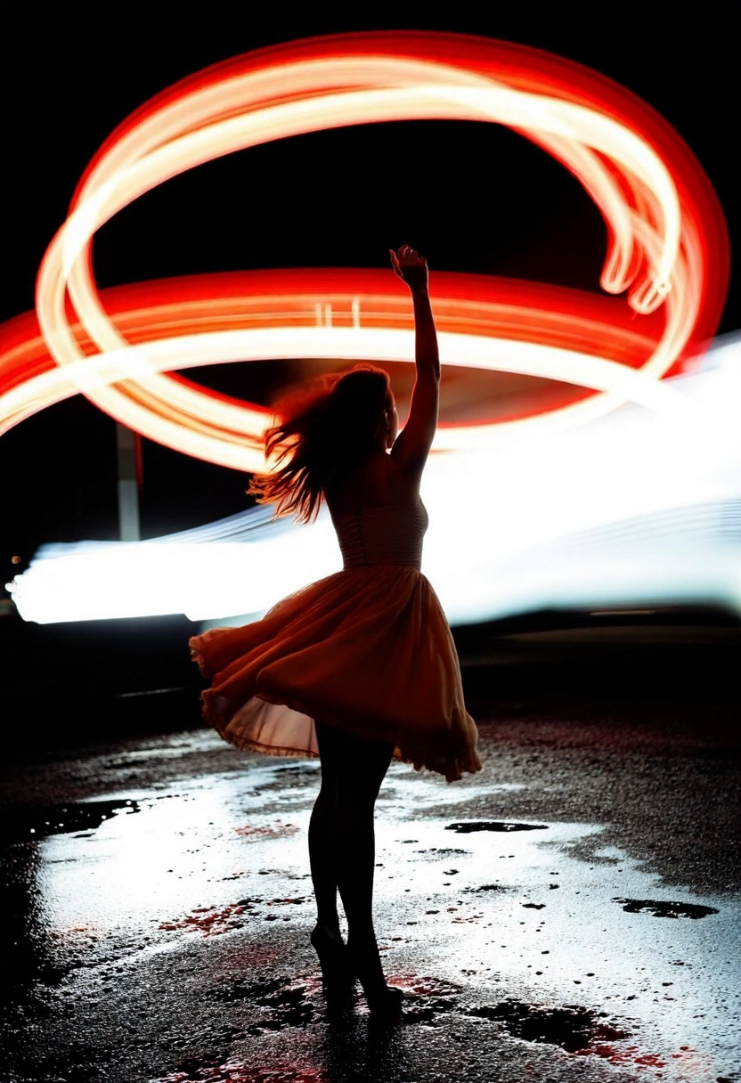 sony7, slow shutter speed, night-time urban scene featuring a lone woman standing in extravagant pose in the center of the frame, with vibrant red, orange, and white light trails swirling around her, captured with long exposure to create a sense of motion and energy. The woman, dressed in a flowing dress that moves slightly with the breeze, is illuminated by the surrounding light, her silhouette contrasting against the dark night. The ground beneath her is wet, reflecting the bright lights and adding depth to the scene. The light trails, possibly from passing cars or other fast-moving vehicles, streak across the image in curved lines, wrapping around the woman. The lighting is moody, with a rich contrast between the dark background and the bright, colorful light streaks