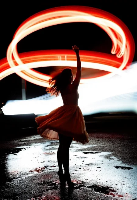 sony7, slow shutter speed, night-time urban scene featuring a lone woman standing in extravagant pose in the center of the frame, with vibrant red, orange, and white light trails swirling around her, captured with long exposure to create a sense of motion and energy. The woman, dressed in a flowing dress that moves slightly with the breeze, is illuminated by the surrounding light, her silhouette contrasting against the dark night. The ground beneath her is wet, reflecting the bright lights and adding depth to the scene. The light trails, possibly from passing cars or other fast-moving vehicles, streak across the image in curved lines, wrapping around the woman. The lighting is moody, with a rich contrast between the dark background and the bright, colorful light streaks