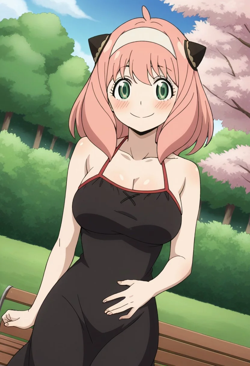 source_anime, <lora:anya-forger-movie-ponyxl-lora-nochekaiser:1>, anya forger, anya (spy x family), bangs, green eyes, pink hair, ahoge, aged up, female woman, 22 years old, white hairband, hairband, long hair, sidelocks, large breasts,, dress, cleavage, bare shoulders, jewelry, collarbone, sleeveless, black dress, halterneck, headband, white headband, swimsuit, park, cherry blossoms, bench, gentle breeze, peaceful, smile, happy, looking at viewer, hand on stomach, blush,, solo,, cowboy shot, dutch angle,