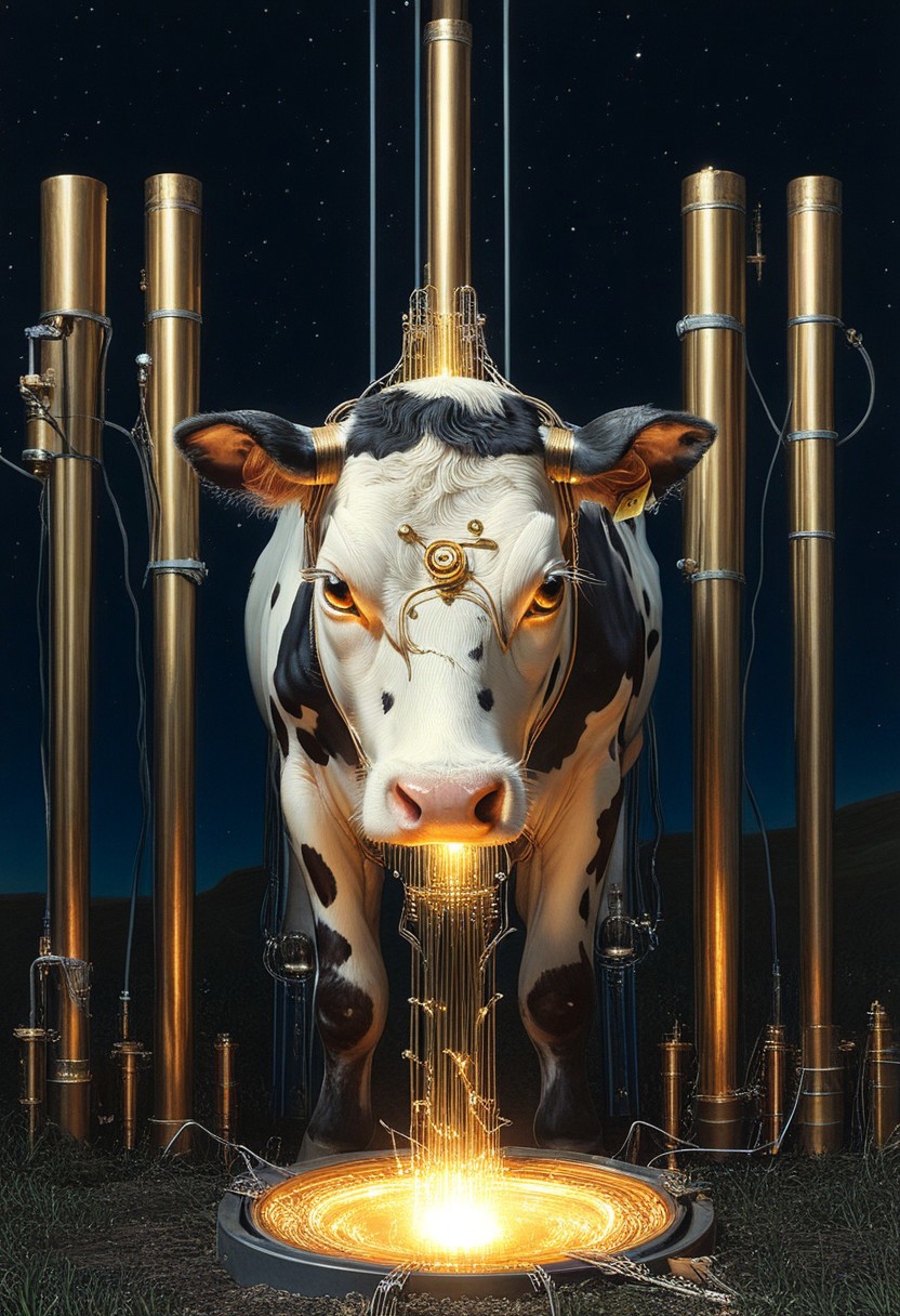 masterpiece, best quality, very aesthetic, absurdres, HyperDetailed Illustration, qu4ntum, epic background, nightsky landscapes with vibrant (brass pipes) and (silver wires) and gold circuits, a cow covered in gold circuits, glowing eyes, vivid eye color, (beautiful eyes:1.2), (gradient iris, crisp iris edges), confident pose, cow  pose, eating a chunk of silver wires,
