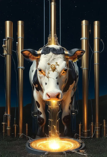 masterpiece, best quality, very aesthetic, absurdres, HyperDetailed Illustration, qu4ntum, epic background, nightsky landscapes with vibrant (brass pipes) and (silver wires) and gold circuits, a cow covered in gold circuits, glowing eyes, vivid eye color, (beautiful eyes:1.2), (gradient iris, crisp iris edges), confident pose, cow  pose, eating a chunk of silver wires,