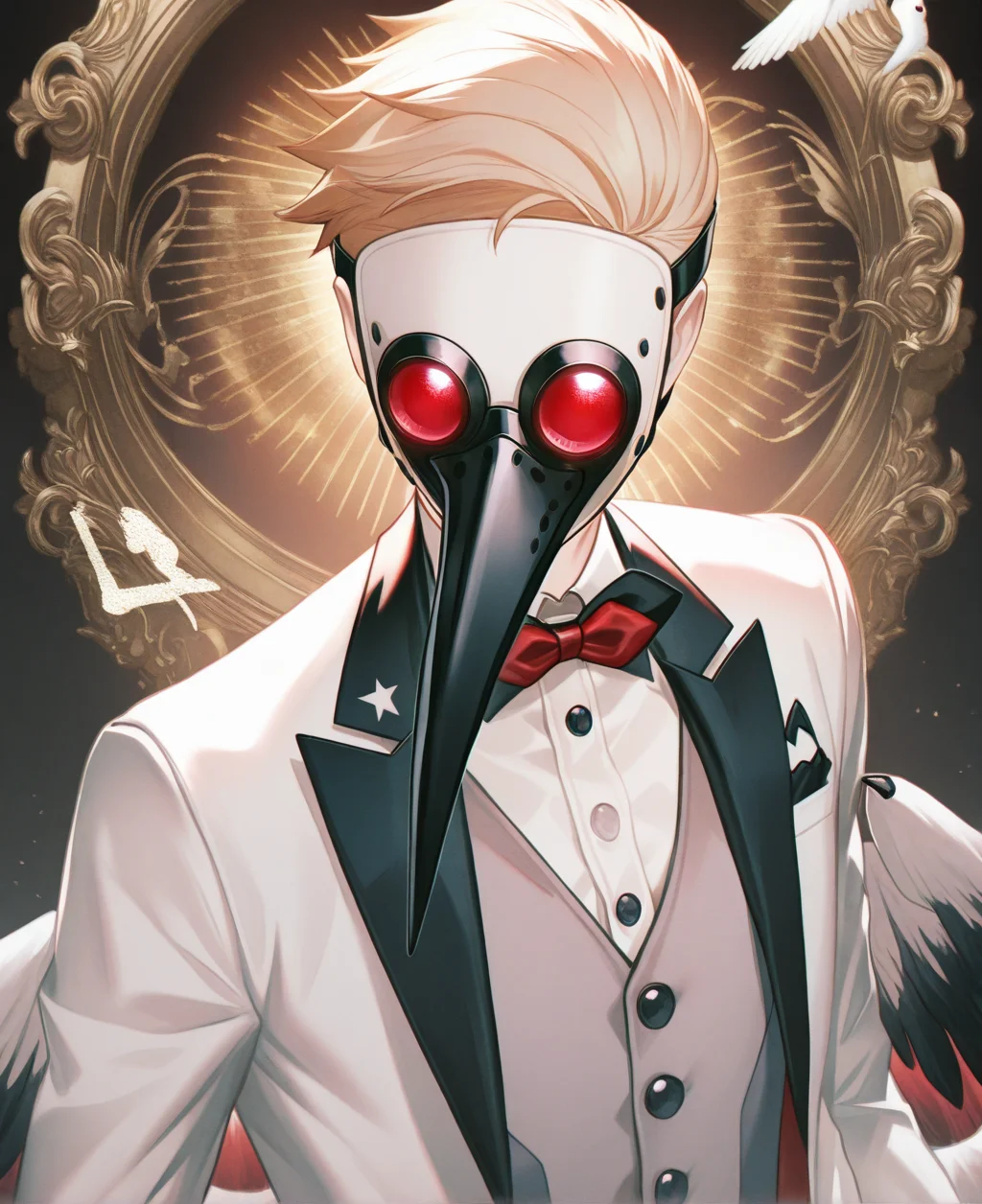 artist:gomzi,artist:wanke,artist:diyokama, rei_(sanbonzakura),[[artist:fuzichoco]],year 2023, 
solo, 1boy,
stork \(caligula\), blonde hair, short hair, plague doctor mask, white shirt, red bow, grey vest, white suit, fake wings,
upper body, park