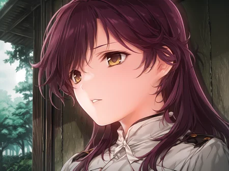 <lora:HaHa_Ranman_Illustrious:1>,saki,alicesoft,sakm outfit,portrait,yellow eyes,parted lips,outdoors,military,military uniform,, masterpiece,best quality,amazing quality,
