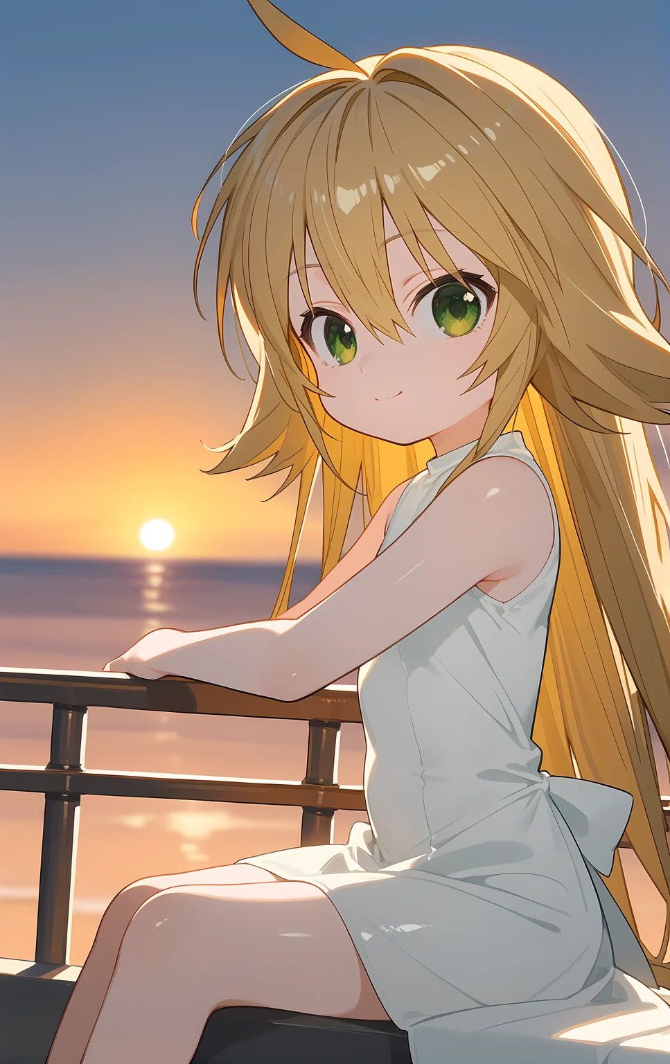 (score_9, score_8_up, score_7_up), looking at viewer, light smile, closed mouth, shiny skin, tight clothes,
ohwx, 1girl, solo, solo_focus, aged_down, child, green_eyes, blonde_hair, long_hair, very_long_hair, hair_between_eyes, small_breasts,
dress, white_dress, sleeveless, sleeveless_dress, bare_shoulders,
blurry, (from side:1.1), from below, close-up, cowboy shot, dutch angle, sunrise, ocean, (sitting on railing:1.5),
<lora:kusano_pony_ss-000002:1>