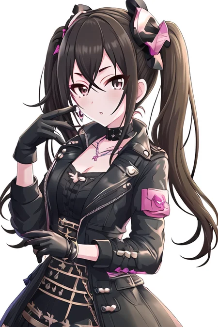Sunazuka Akira, 1girl, armpits, asymmetrical gloves, black nails, black wristband, blush, bow, breasts, brown eyes, brown hair, cleavage, cropped jacket, earrings, finger frame, gloves, green nails, green wristband, hair between eyes, hair ornament, half gloves, headset, jewelry, lightning bolt symbol, long hair, looking at viewer, mole, mole under eye, multicolored background, multicolored nails, necklace, o-ring, o-ring top, rocomani, simple background, solo, standing, twintails, uneven gloves
<lora:deresute-000016:1>