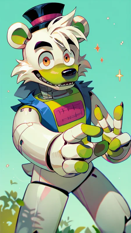 <lora:saucebear_ponyxl-10v1.2:1.7> score_9_up, score_8_up, score_7_up, source_furry, source_cartoon, outside, saucebear, bear ears, large canines, perfect canines, sabertooth, deep blue mini top hat, orange eyes, detailed eyes, green phalanges, four fingers, (((four fingers))), greenish-white body:1.2, (green color front, gray neck, metallic neck:1.5), wearing blue vest, loose vest, thin neck, solo, (looking at viewer), perfect body, detailed hands, toony hands, toony body, toony head, zPDXL2, detailed hat, male focus, nice background, (flat chest), fluffy head:0.8, BREAK, winter scene