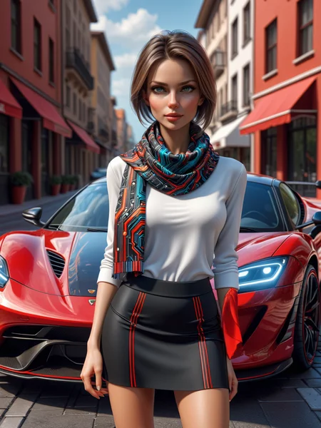 woman wearing a mad-circuit scarf, black skirt and white top in front of a red sports car, city<lora:Colorful_Circuit_SDXL:0.8>, (masterpiece:1.2), best quality, (hyperdetailed, highest detailed:1.2), high resolution textures