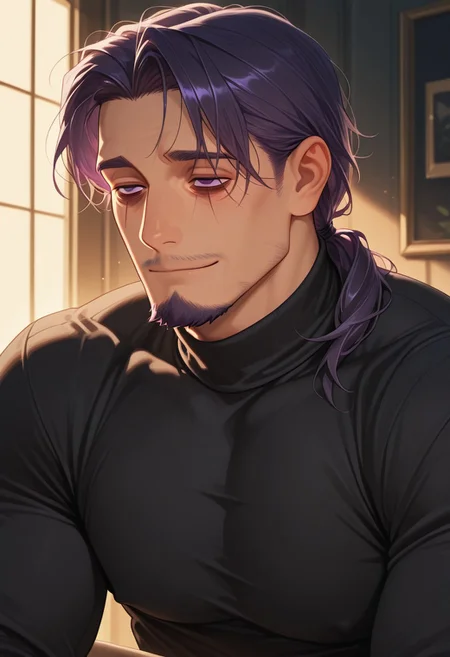 1boy, mbti_intp, mature man, purple eyes, droopy eyes, eye bags, tied hair, goatee, soft lighting, sensual gaze, leaning slightly, hint of a smile, elegant black turtleneck, subtle muscle definition, sophisticated urban background, nighttime